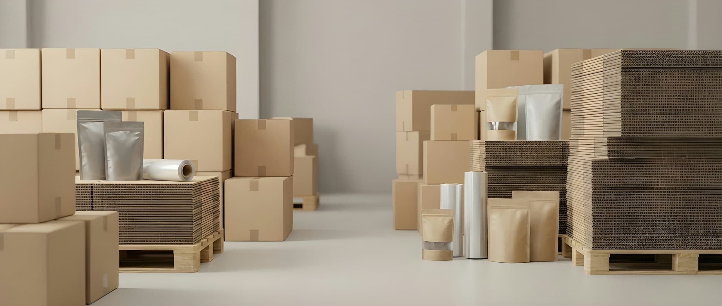 Cardboard boxes, void fill, and packaging supplies staged in a warehouse.