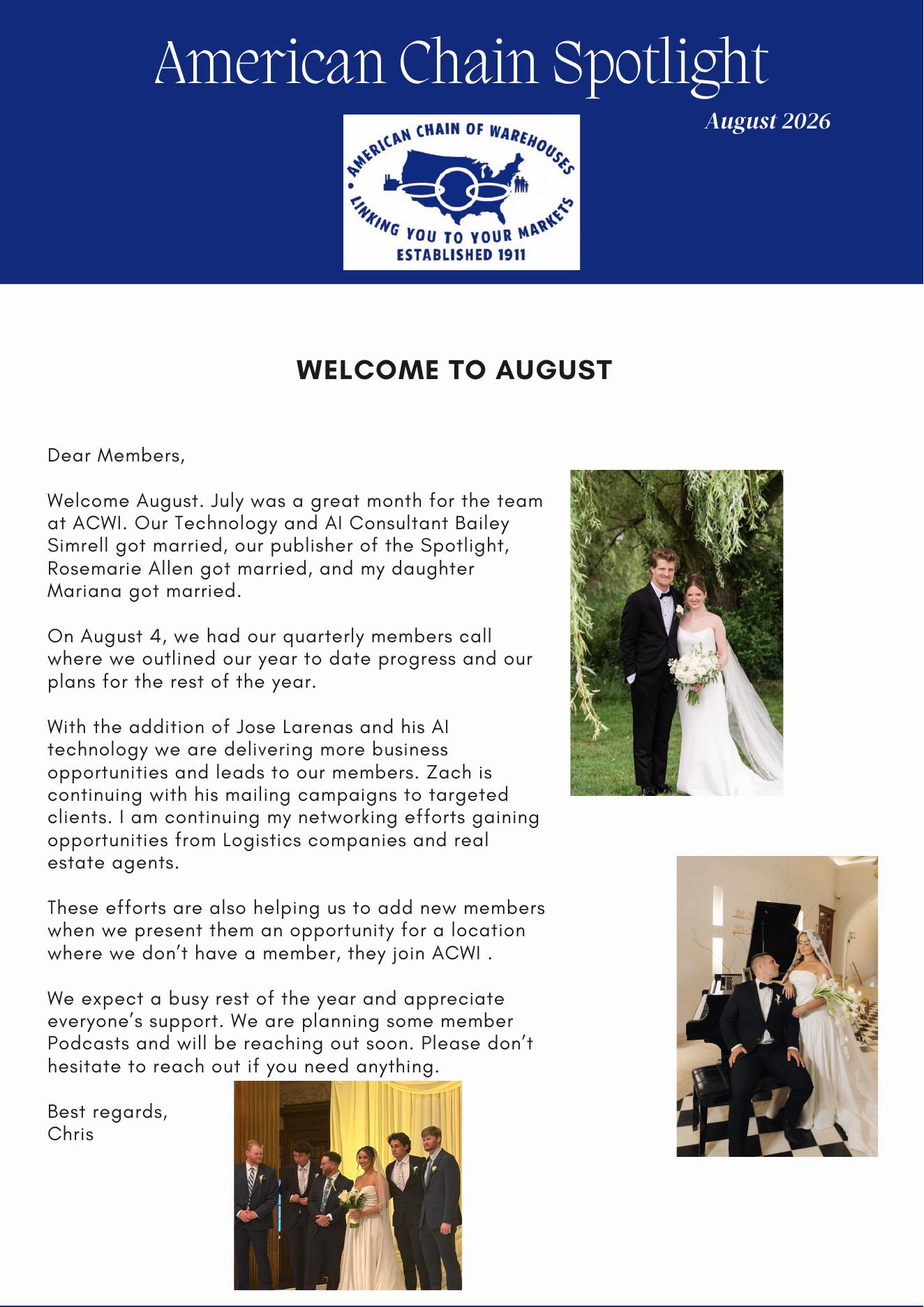 ACWI Spotlight August 2026 cover featuring Chris Kane's welcome letter to members