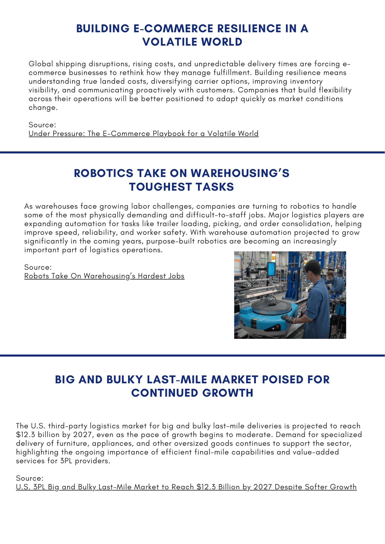 ACWI Spotlight August 2026 — page 4: e-commerce resilience, warehouse robotics, big and bulky last-mile