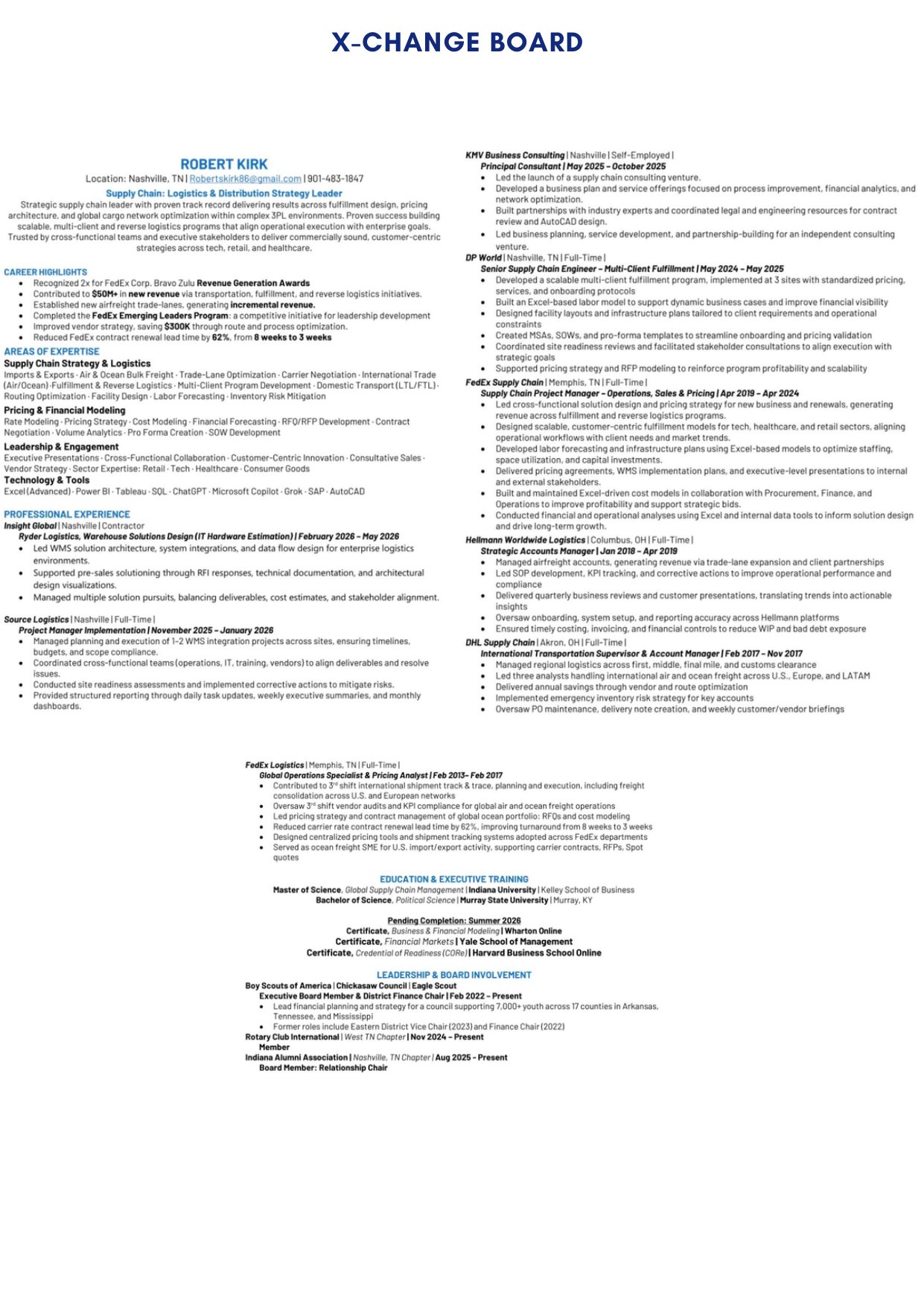 ACWI Spotlight June 2026 — page 7: X-Change Board candidate resumes continued