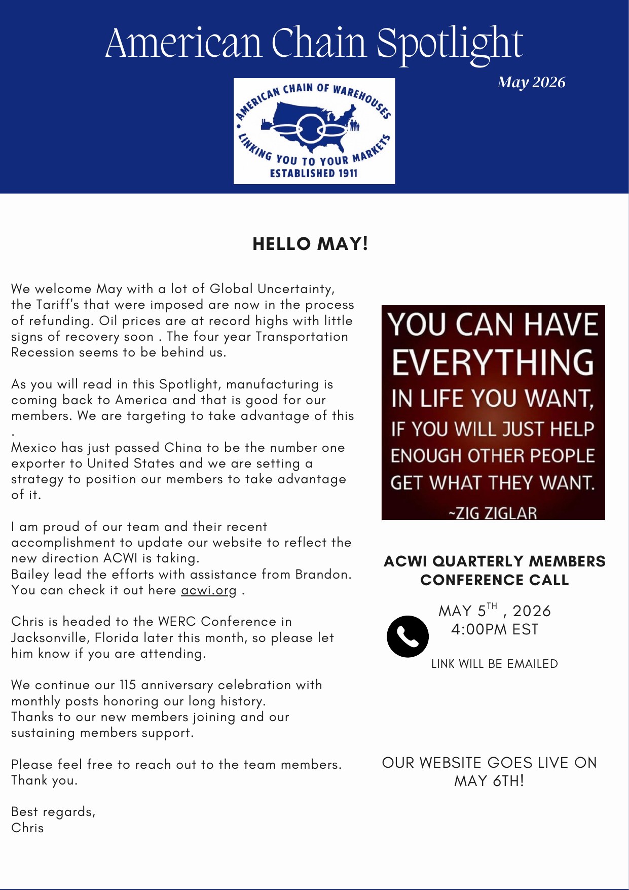 ACWI Spotlight May 2026 cover featuring Chris Kane's letter to members