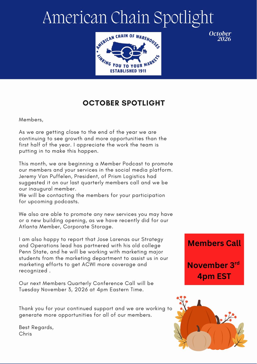 ACWI Spotlight October 2026 cover featuring Chris Kane's welcome letter to members