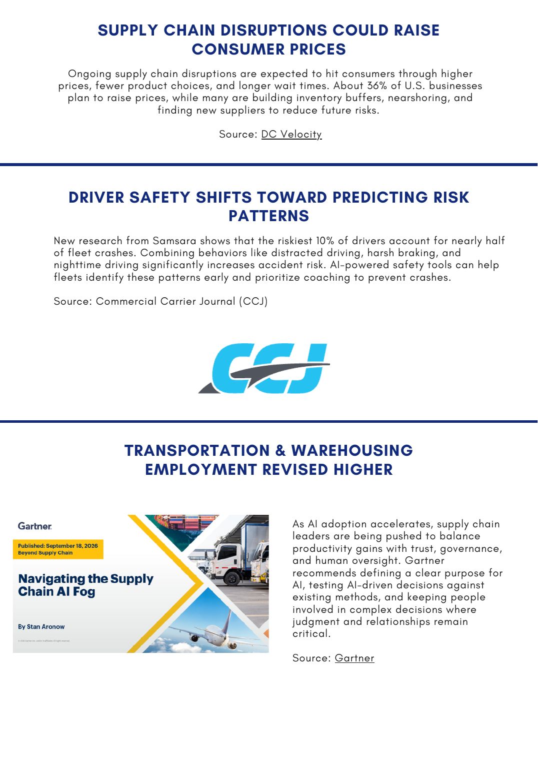 ACWI Spotlight October 2026 — page 3: consumer prices, driver safety, and Gartner's supply chain AI fog