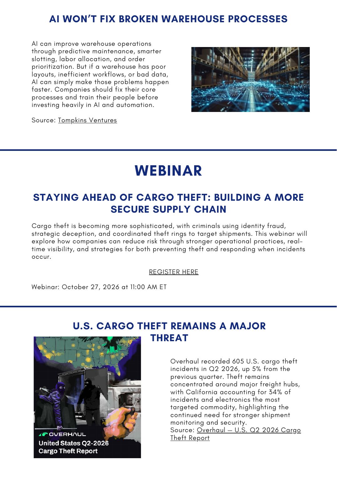 ACWI Spotlight October 2026 — page 4: warehouse AI, cargo theft webinar, and Overhaul's theft report