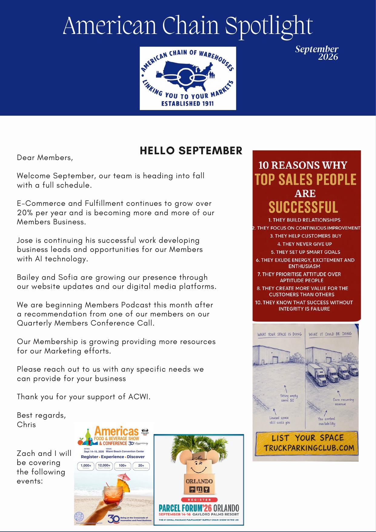 ACWI Spotlight September 2026 cover featuring Chris Kane's welcome letter to members